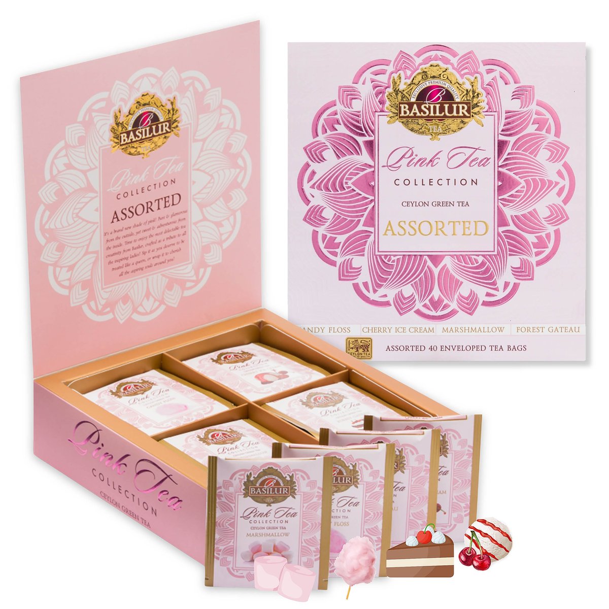 BASILUR Pink Tea Zestaw zielonych herbat cejlońskich w saszetkach, 40x1,5g x1