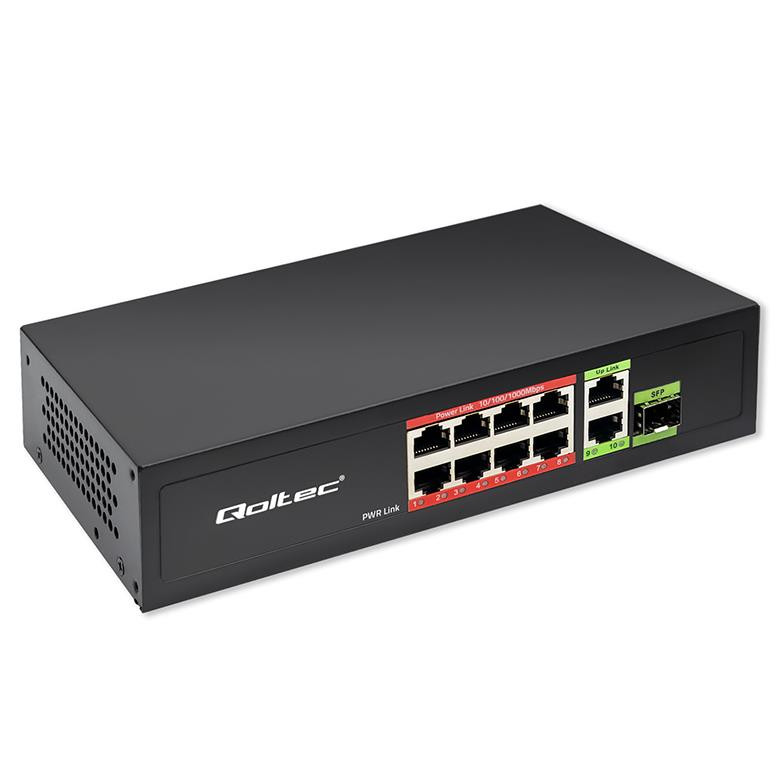 Switch niezarządzalny qoltec przełącznik sieciowy fast ethernet 8x rj45 poe 2x rj45 uplink 1x sfp 120w 1000 mb/s