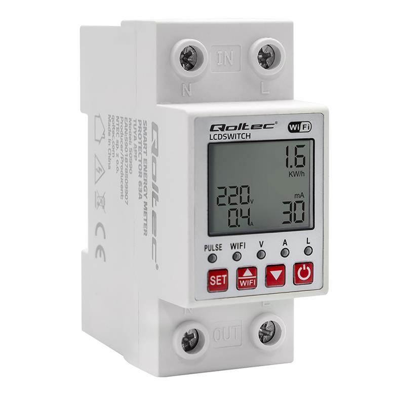Qoltec 63a din z licznikiem energii elektyrcznej timer tuya wi-fi led