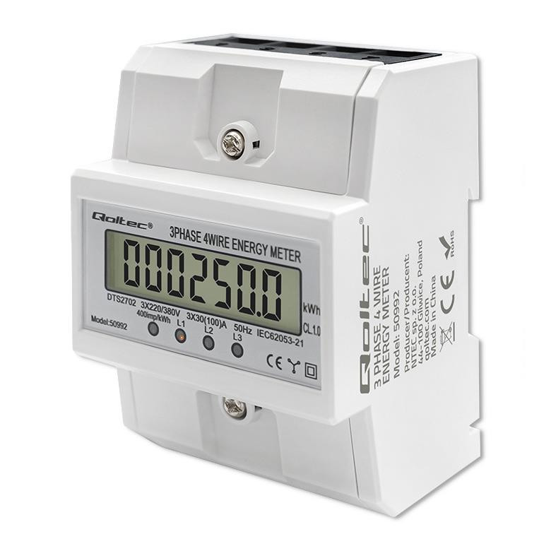 Qoltec na szynę din trójfazowy elektroniczny licznik 400v 100a lcd 4p