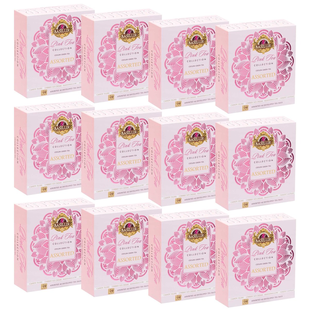BASILUR Pink Tea Zestaw zielonych herbat cejlońskich w saszetkach, 40x1,5g x12