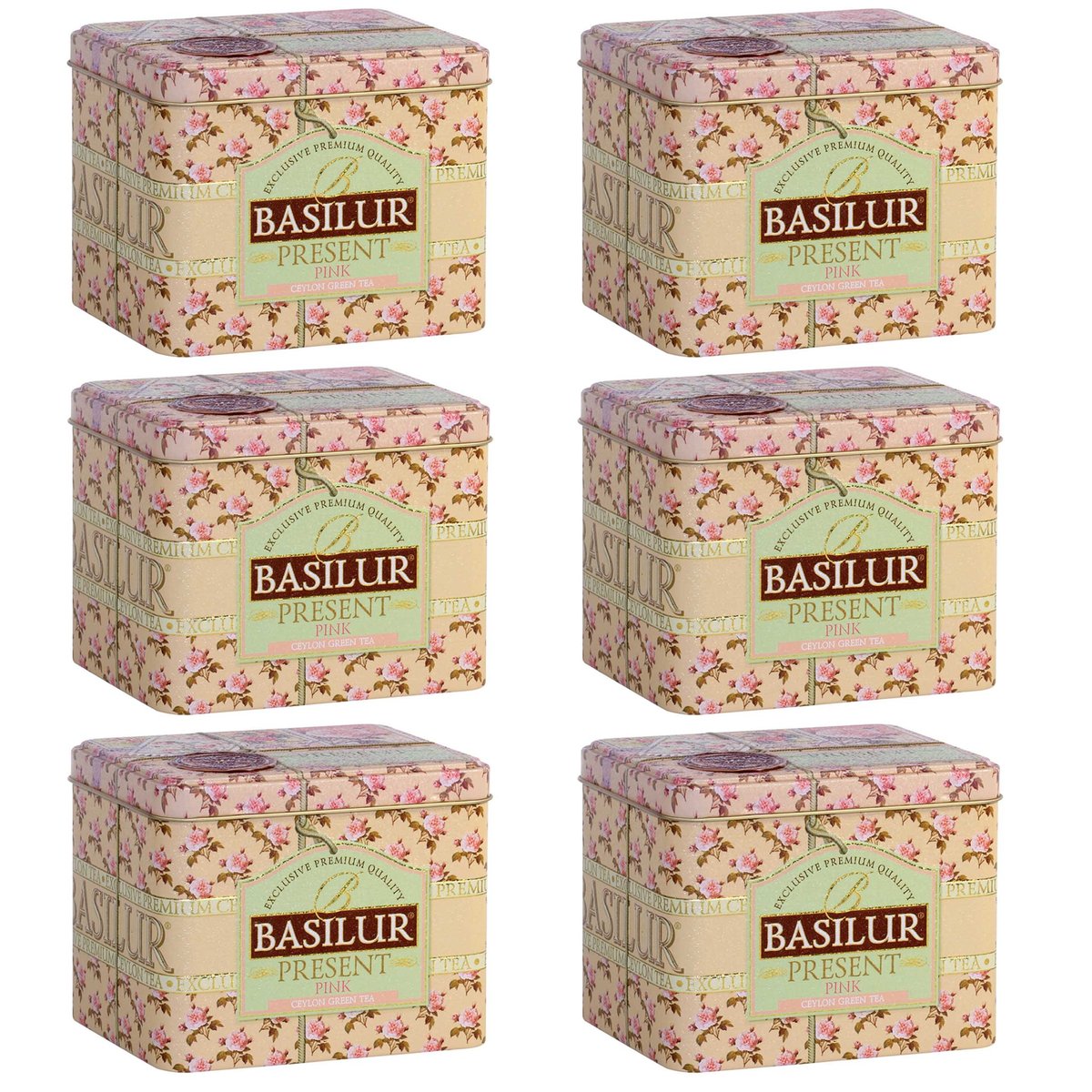 BASILUR Present Pink- zielona herbata cejlońska, liściasta w ozdobnej puszce 100g x6