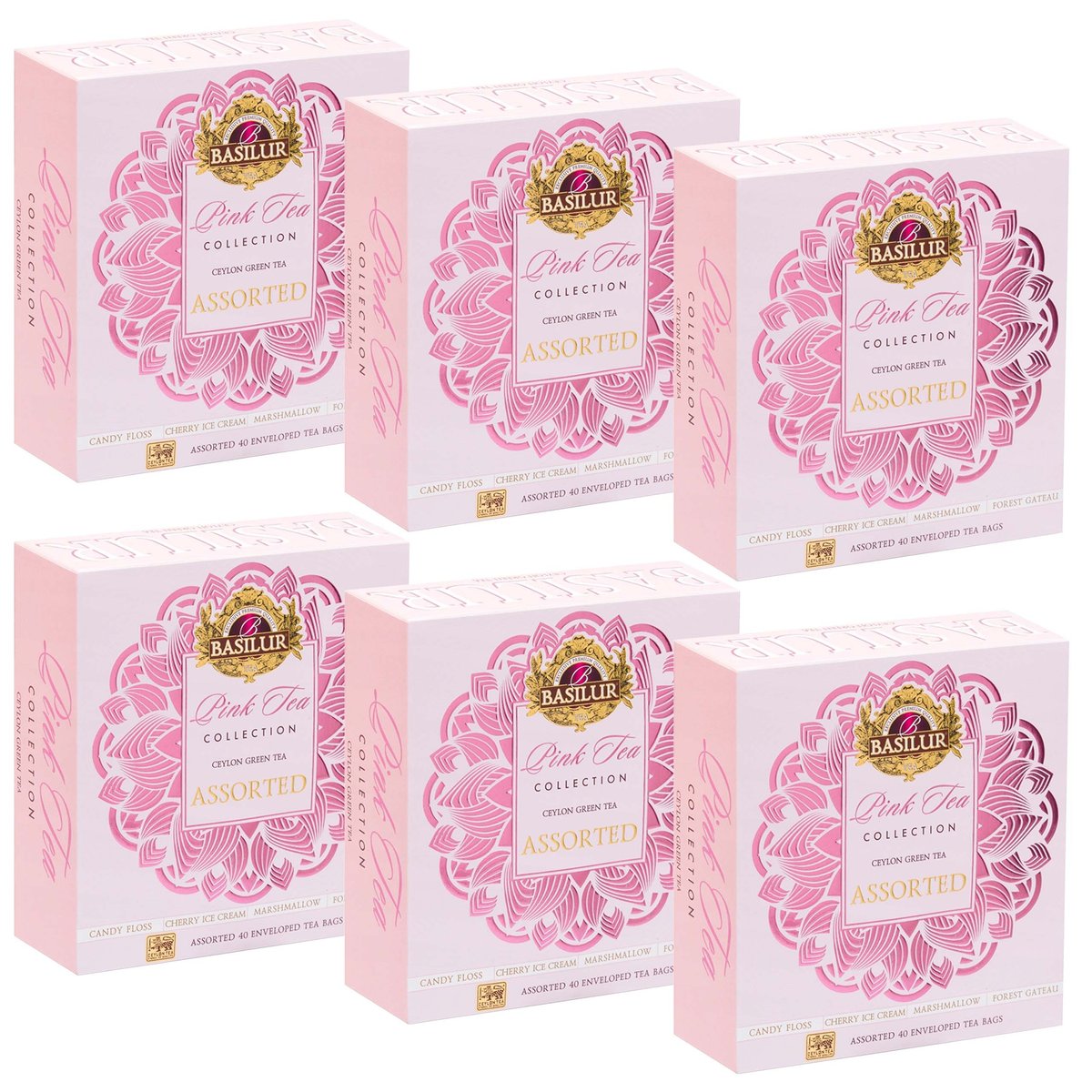 BASILUR Pink Tea Zestaw zielonych herbat cejlońskich w saszetkach, 40x1,5g x6