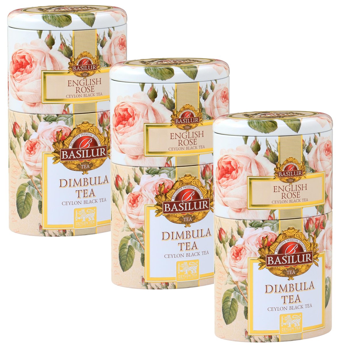 BASILUR English Rose & Dimbula 2 in 1 - czarna herbata liściasta w ozdobnej puszce, 100g x3