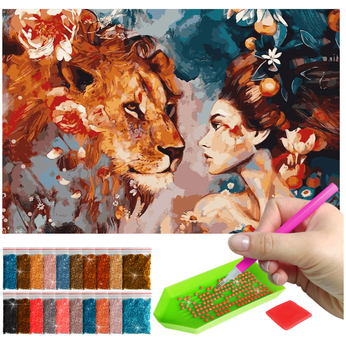 Haft Diamentowy Diamond Painting mozaika lew z kobietą  zestaw akcesoria