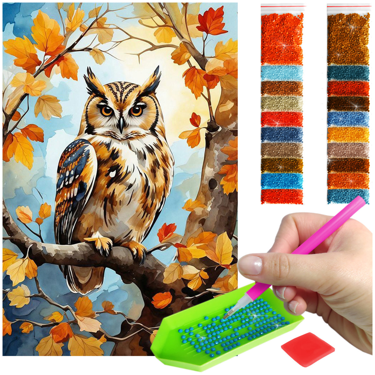 Haft Diamentowy Diamond Painting mozaika sowa zestaw akcesoria