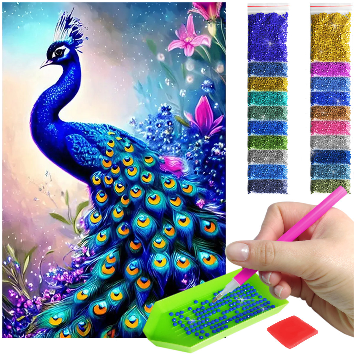 Haft Diamentowy Diamond Painting mozaika 40x60 niebieski paw zestaw akcesoria