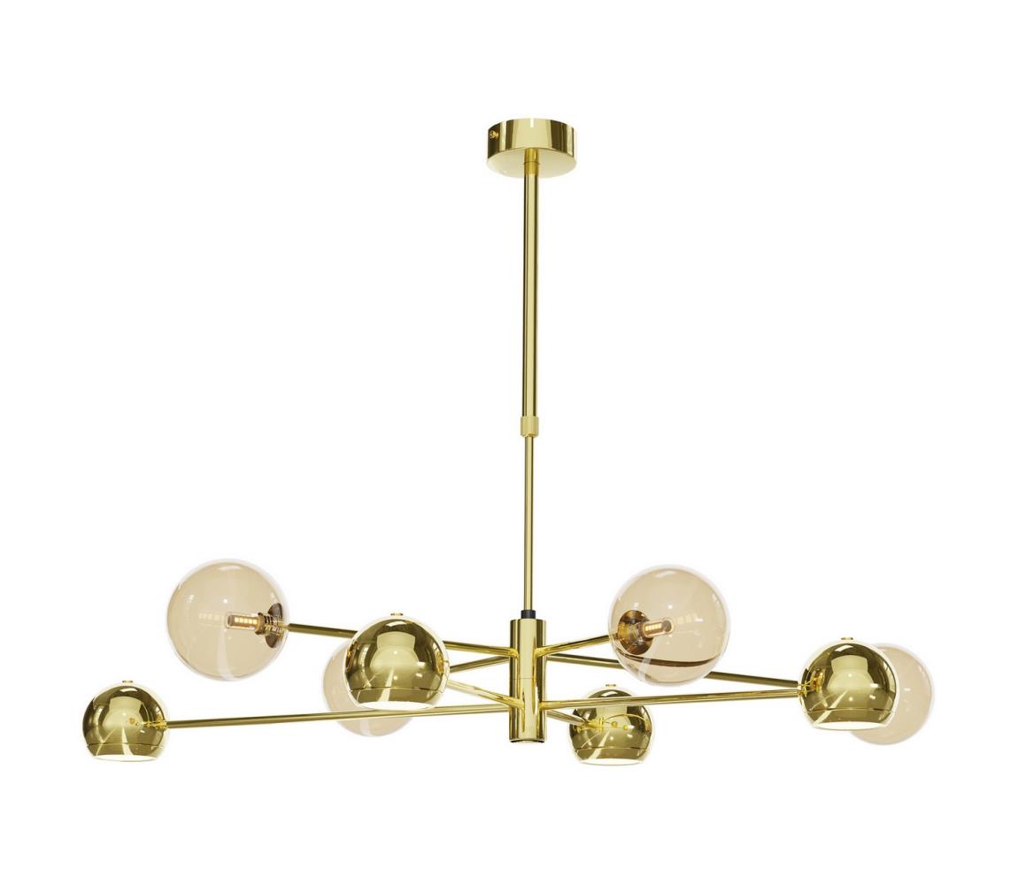 Złota lampa wisząca z różnorodnymi kloszami JUP 1969 z serii MOKA
