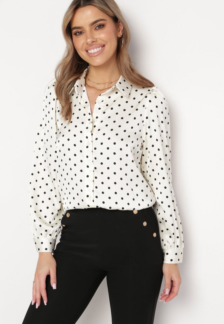 Jasnobeżowa Klasyczna Koszula na Guziki Ozdobiona Wzorem w Kropki Vildanas