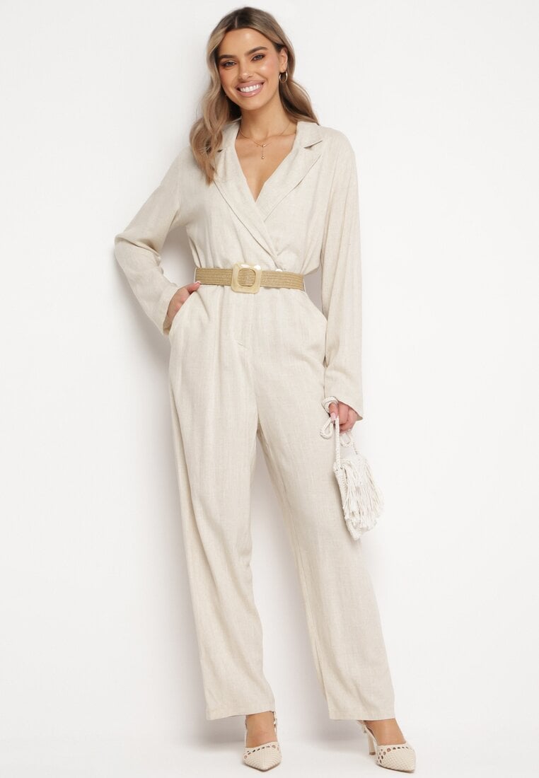 Jasnobeżowy Kombinezon z Kopertową Górą z Paskiem Plecionki i Dopasowanymi Nogawkami Ifnaa