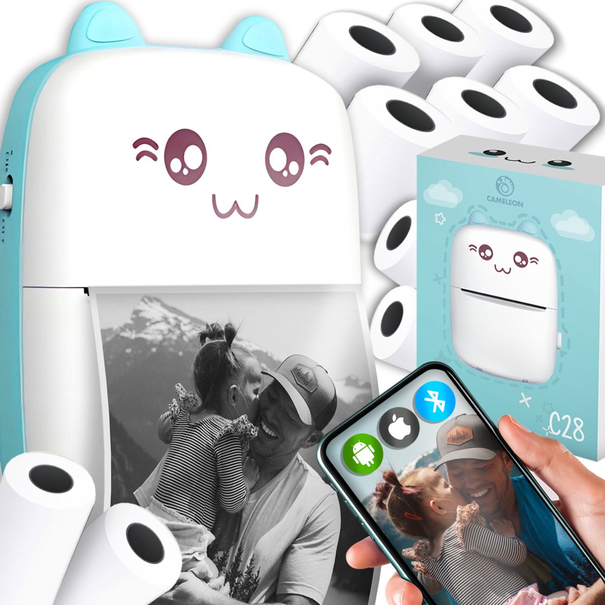 Mini Drukarka Termiczna KOT KOTEK do zdjęć przenośna +15 Rolek + 6 Markerów C28 21in1