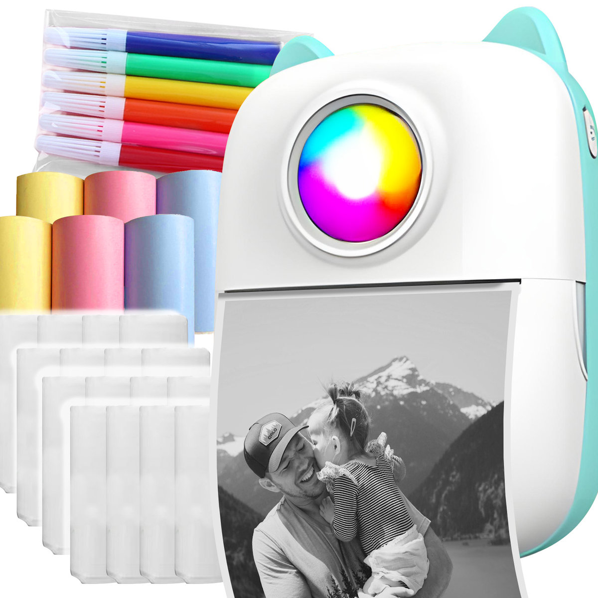 Mini Drukarka Termiczna KOCIE USZY do zdjęć przenośna +21 Rolek +6 Markerów C26 27W1