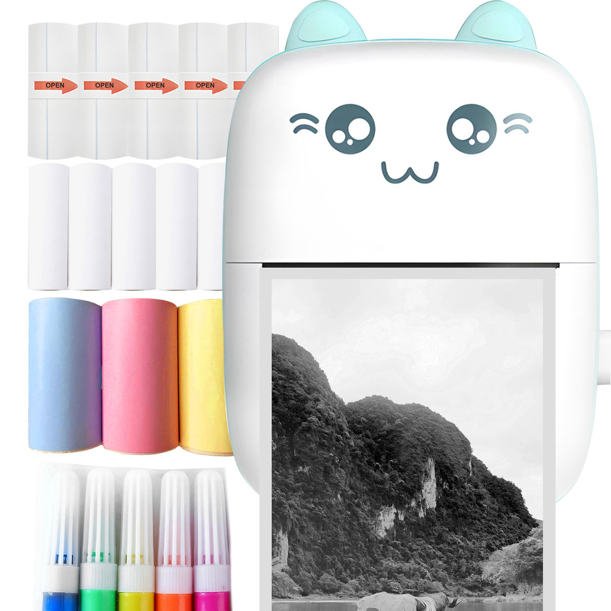 Mini Drukarka Termiczna KOT KOTEK do zdjęć przenośna +13 Rolek + 5 Markerów C28-18w1 BLUE