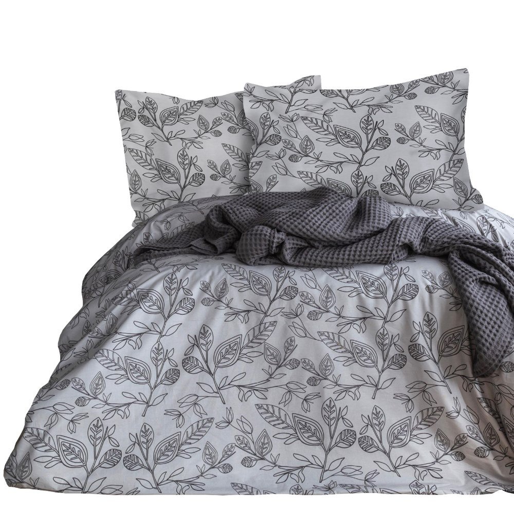 Komplet pościeli 220x200 100% BAWEŁNA satynowa szare listki Grey Luxury
