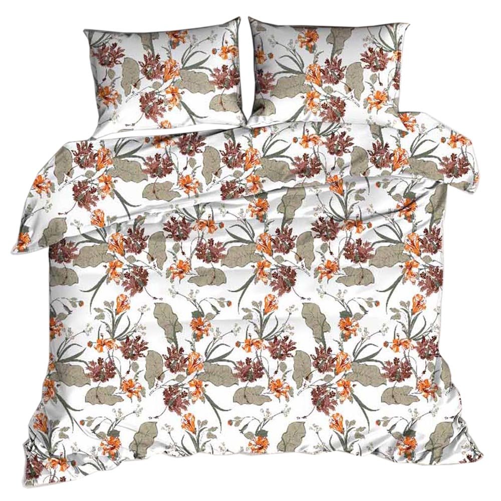 Komplet pościeli 160x200 KORA 100% BAWEŁNA pomarańczowy wzór roślinny biały