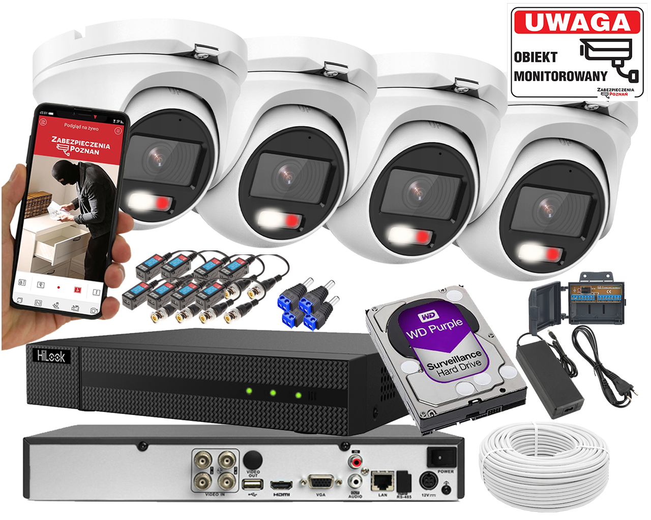 Zestaw do monitoringu posesji 4x kamera kopułowa Hybrid Light 5Mpx, Rejestrator 4 kanałowy - HiLook by Hikvision