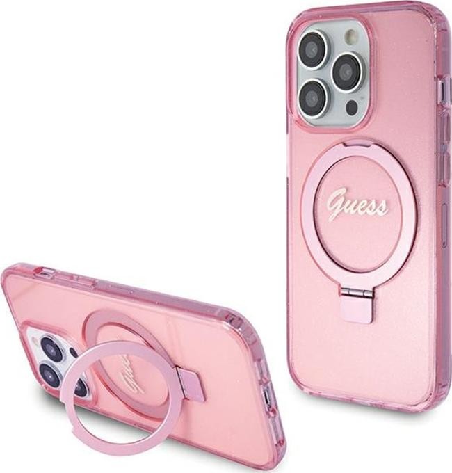 Guess Ring Stand Script Glitter MagSafe - Etui iPhone 15 Pro (różowy)
