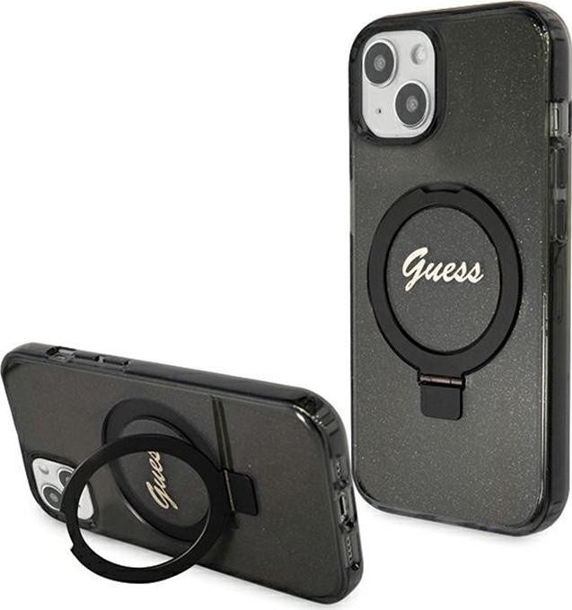 Guess Ring Stand Script Glitter MagSafe - Etui iPhone 15 Plus (czarny)