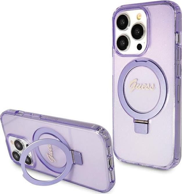 Guess Ring Stand Script Glitter MagSafe - Etui iPhone 15 Pro Max (fioletowy)