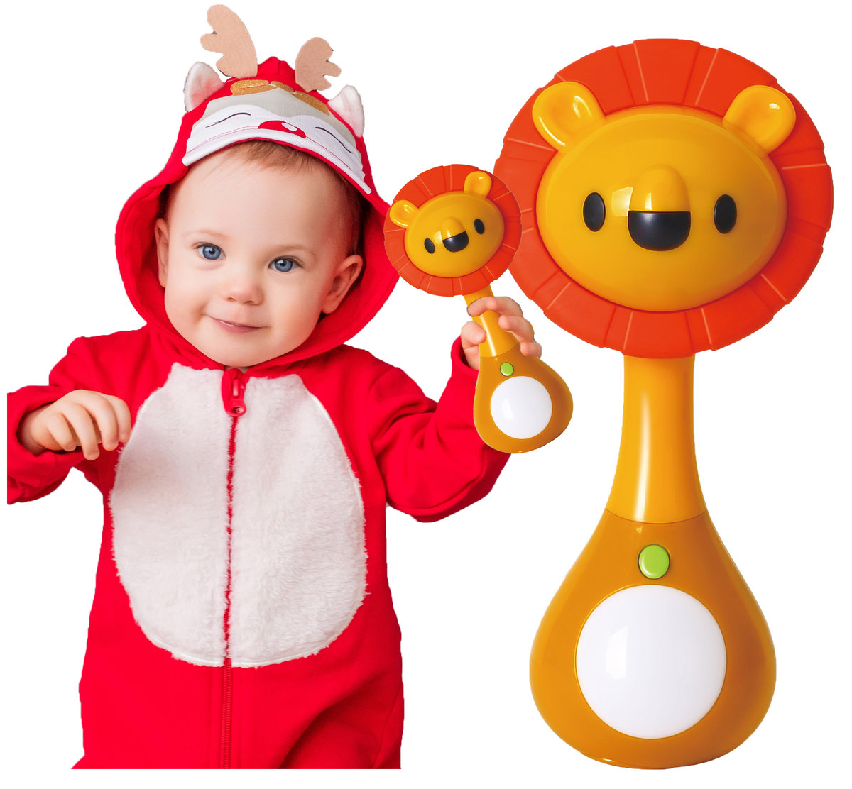 Grzechotka z gryzakiem lew guma kauczuk plastik dźwięk światło