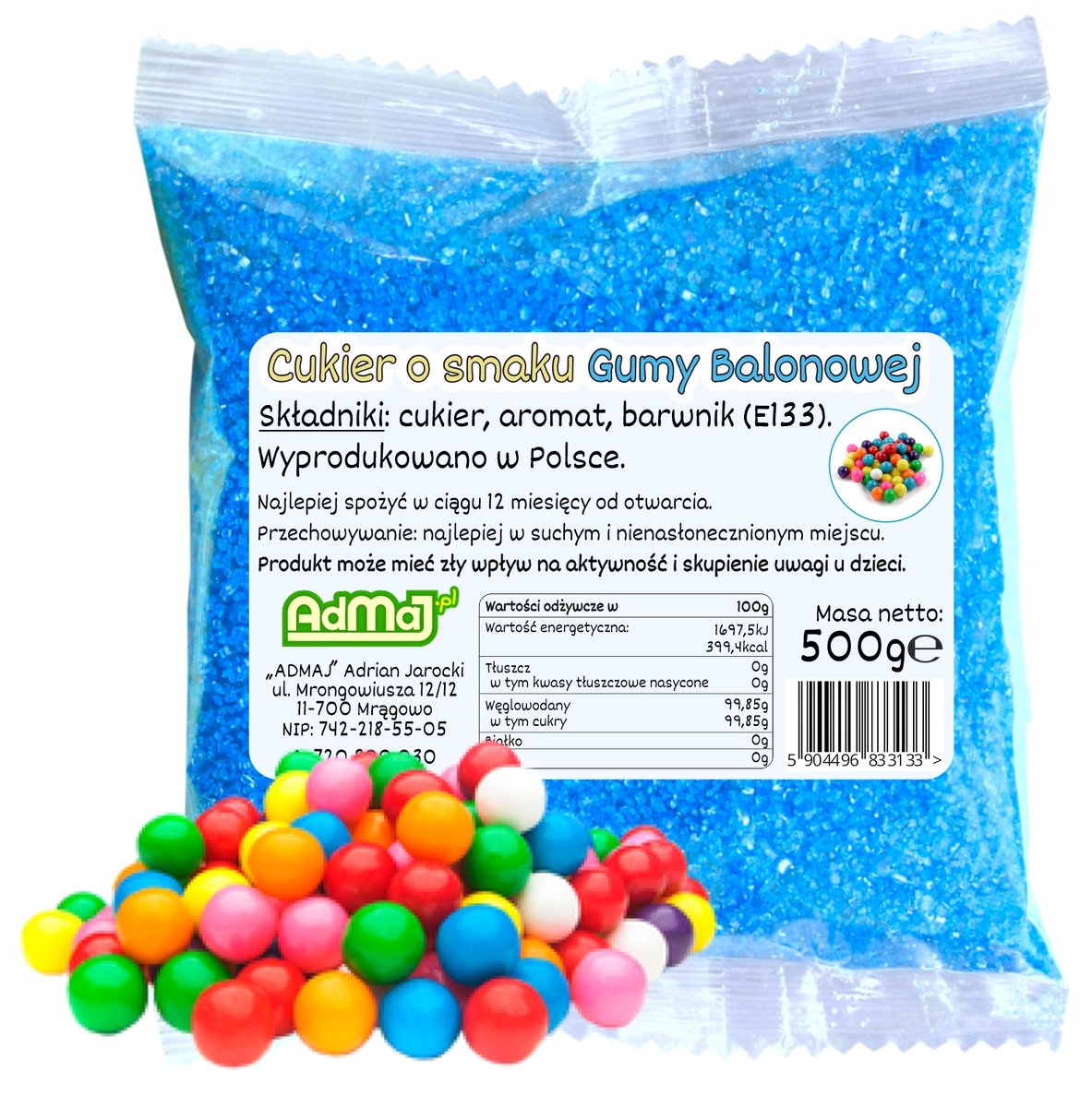 Cukier Do Waty Cukrowej Guma Balonowa Niebieski 0,5kg 500g Saszetka