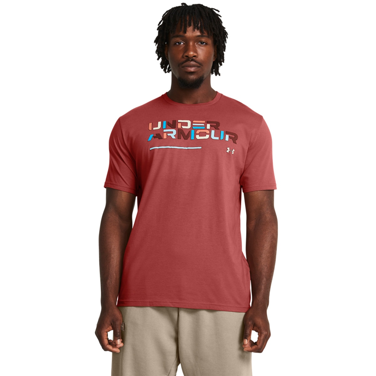 Męski t-shirt z nadrukiem Under Armour UA Colorblock Wordmark SS - czerwony - UNDER ARMOUR