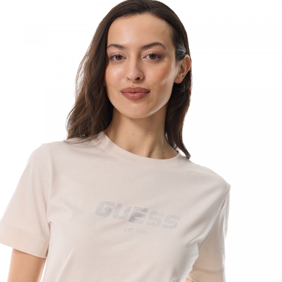 Damski t-shirt z nadrukiem Guess Eleanora - beżowy - GUESS