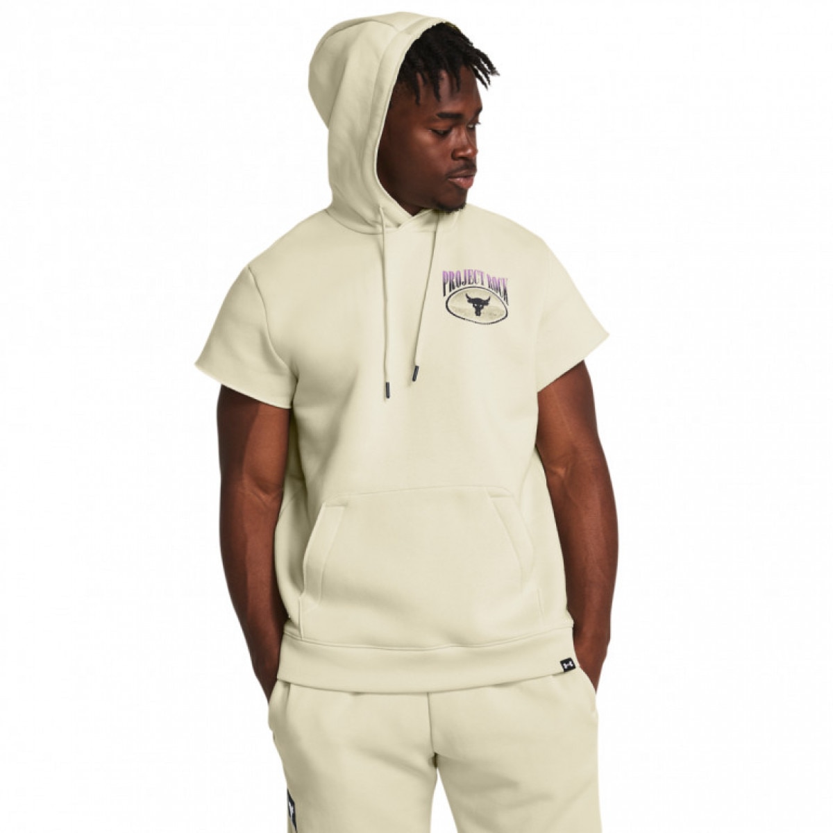 Męska bluza treningowa nierozpinana z krótkim rękawem Under Armour Project Rock Q1 SS Ess Fleece Hdy - kremowa - UNDER ARMOUR