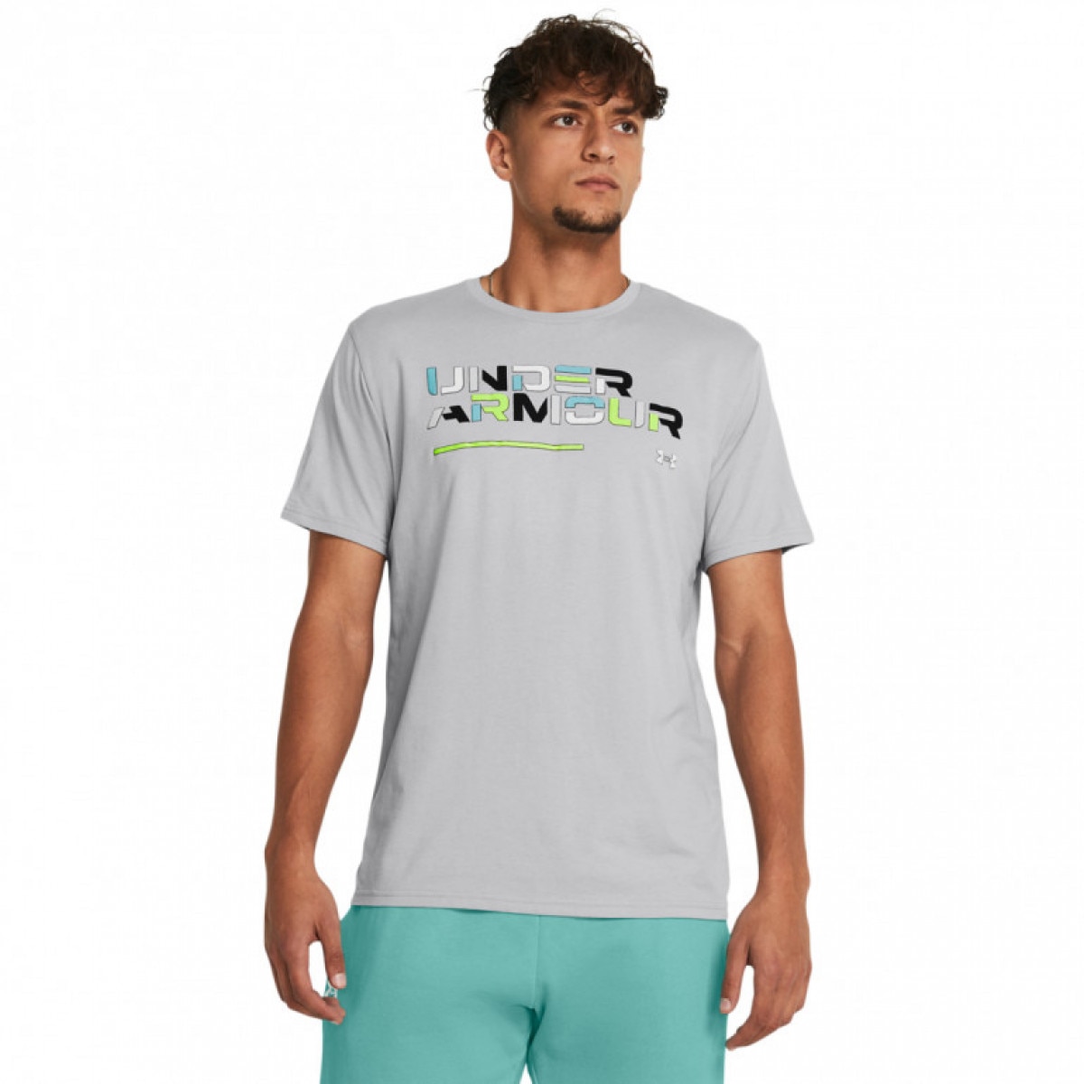 Męski t-shirt z nadrukiem Under Armour UA Colorblock Wordmark SS - szary - UNDER ARMOUR