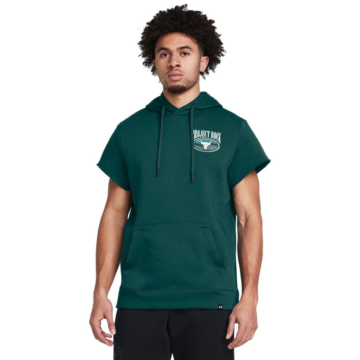 Męska bluza treningowa nierozpinana z krótkim rękawem Under Armour Project Rock Q1 SS Ess Fleece Hdy - zielona - UNDER ARMOUR