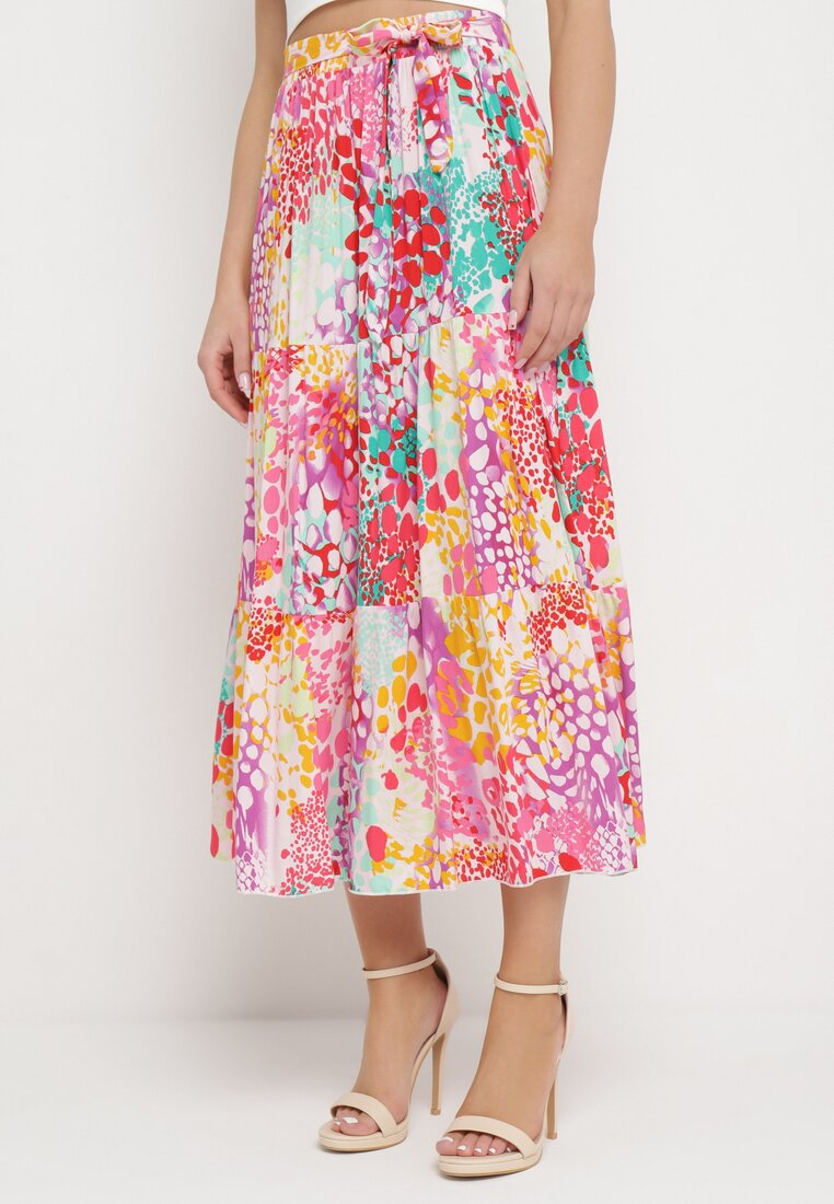 Jasnoróżowa Rozkloszowana Spódnica w Abstrakcyjny Wzór z Wiskozy Assenila