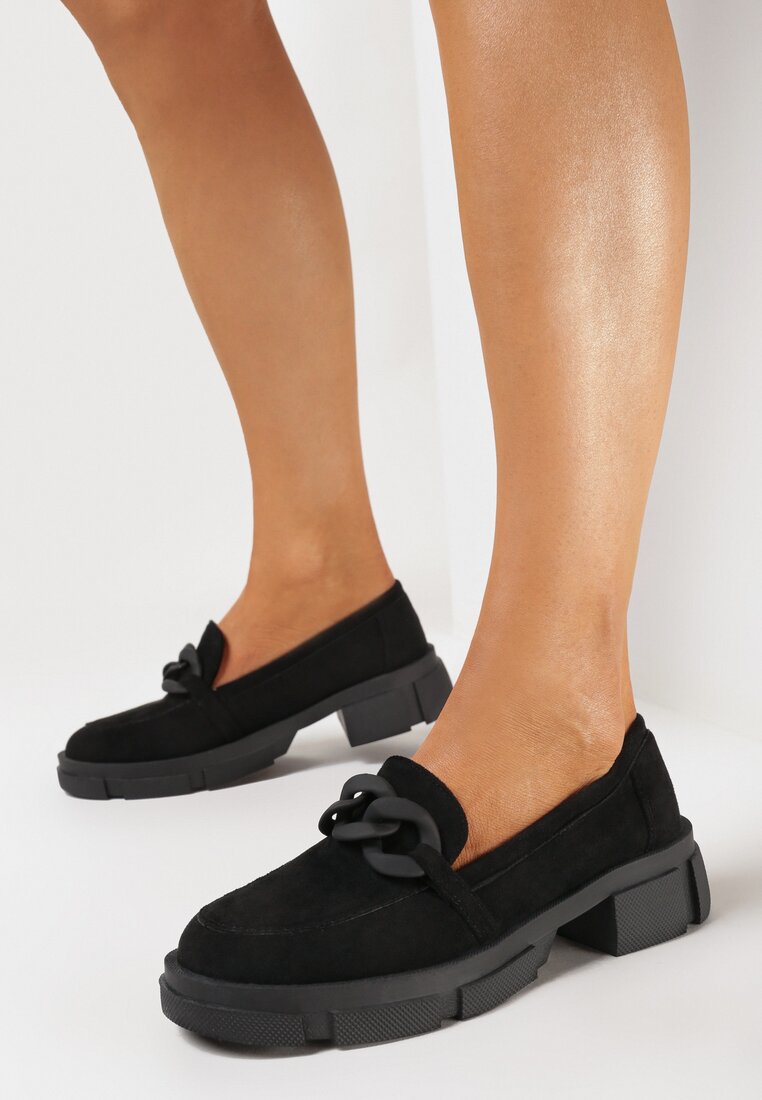 Czarne Mokasyny ze Skórzaną Wkładką i Łańcuchem Cefette