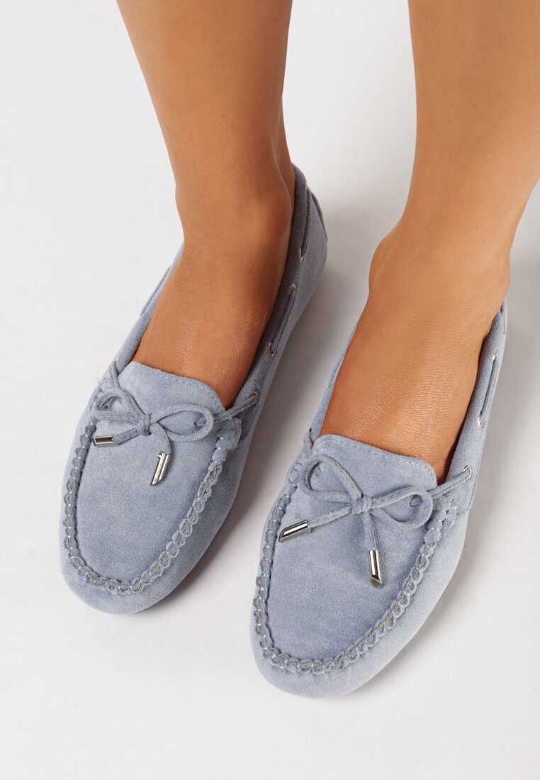 Jasnoniebieskie Mokasyny z Ozdobną Kokardką i Wiązaniami po Bokach Vimedia