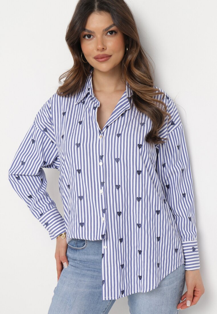 Granatowa Koszula Bawełniana w Paski z Haftowanymi Serduszkami Sanileni
