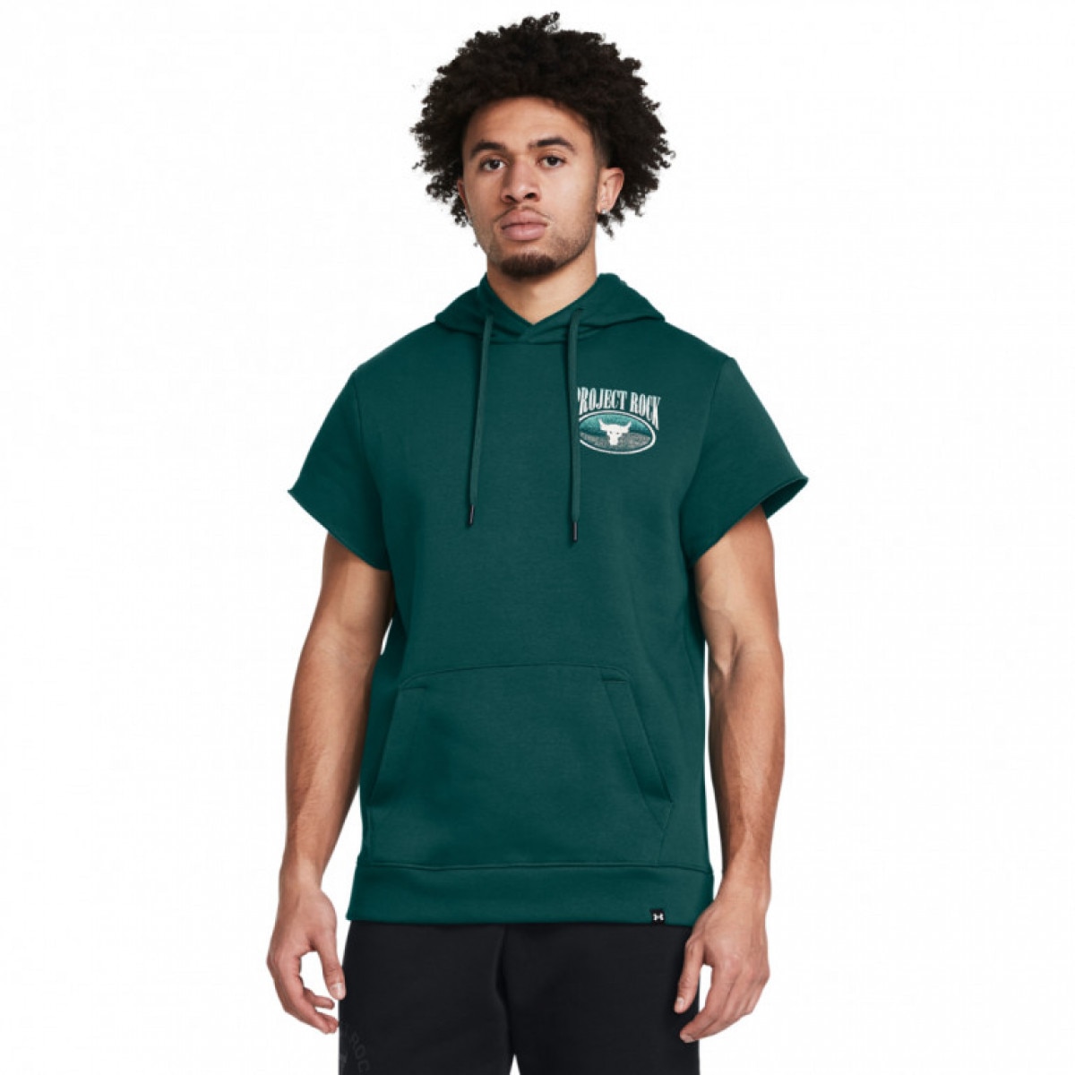 Męska bluza treningowa nierozpinana z krótkim rękawem Under Armour Project Rock Q1 SS Ess Fleece Hdy - zielona - UNDER ARMOUR