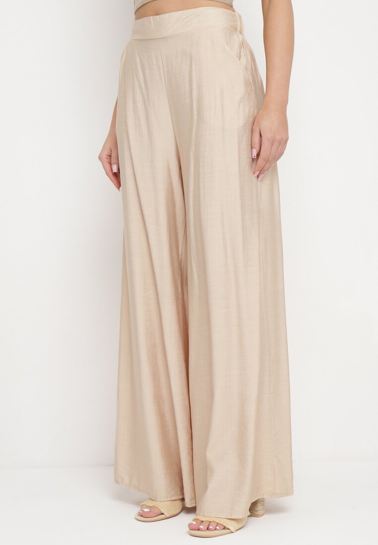 Beżowe Szerokie Spodnie z Elastyczną Gumką w Pasie i Kieszeniami Atealis