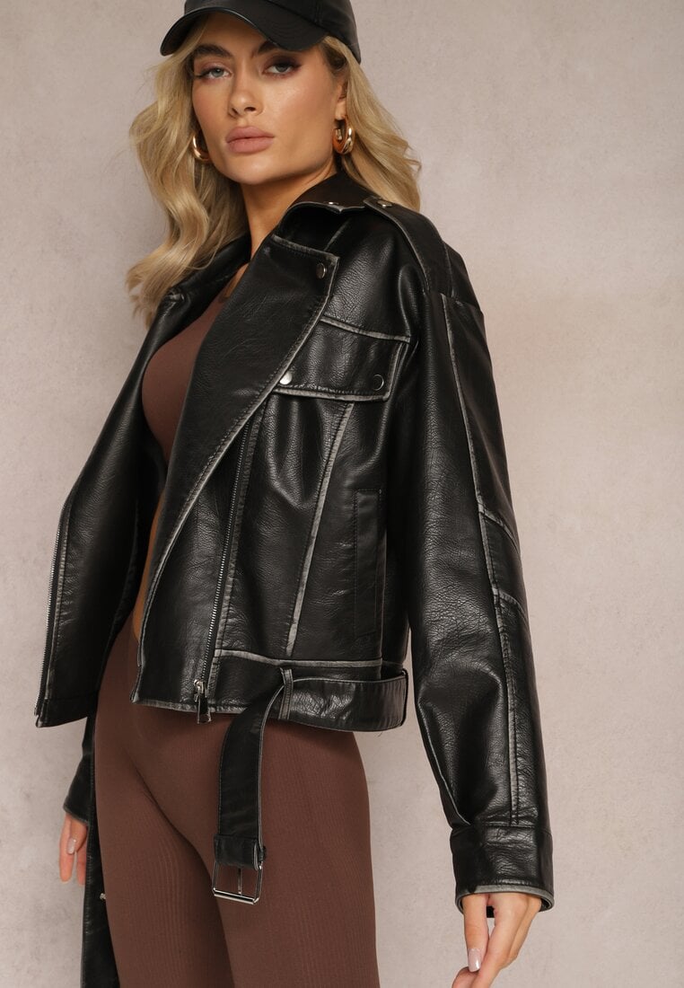 Czarna Kurtka Ramoneska Vintage z Ekoskóry z Paskiem i Asymetrycznym Suwakiem Leovia