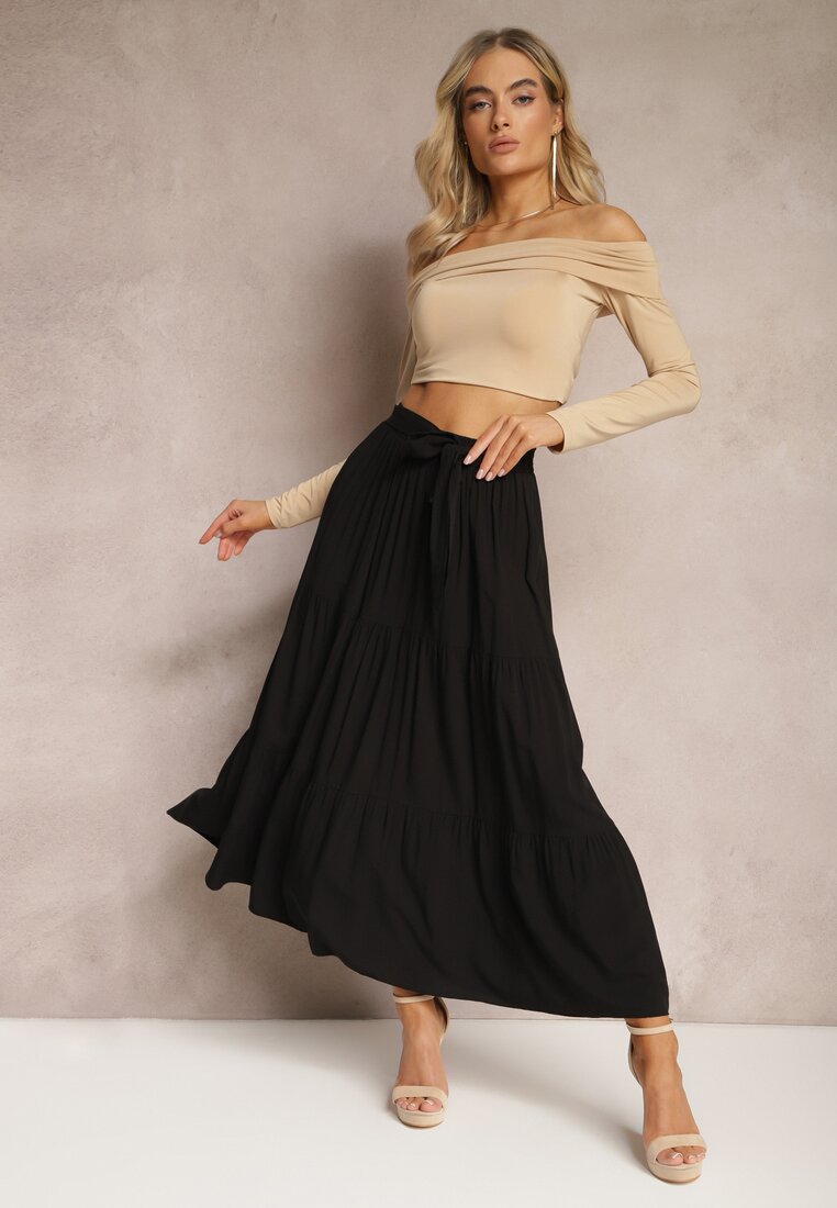 Czarna Rozkloszowana Spódnica Maxi z Wiskozy z Materiałowymi Paskami Wintelis