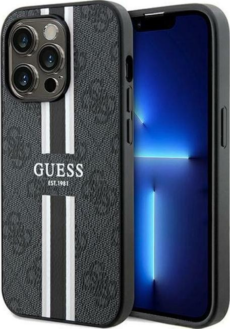 Guess 4G Printed Stripes MagSafe - Etui iPhone 15 Pro (czarny)