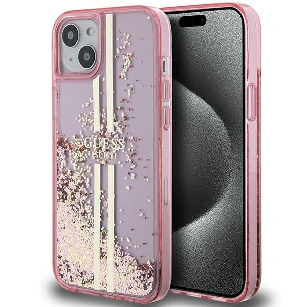 Etui Guess GUHCP15SLFCSEGP Apple iPhone 15 / 14 / 13 hardcase Liquid Glitter Gold Stripes różowy/pink