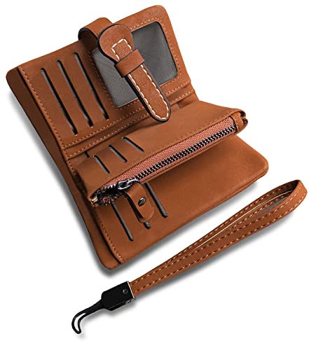 AOXONEL Damski, mały, składany skórzany portfel, blokujący RFID, damski pasek na nadgarstek z uchwytem na karty, okno, portmonetka (ciemnobrązowa)