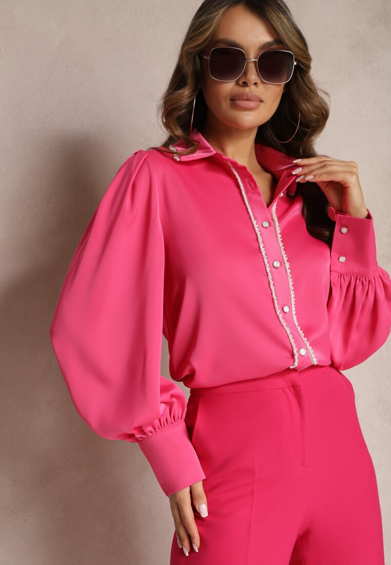 Fuksjowa Koszula z Długimi Bufiastymi Rękawami i Koralikami Zapinana na Guziki Quileth