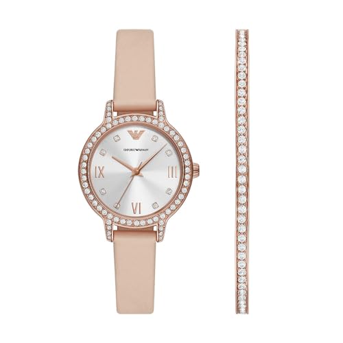 Emporio Armani Damski analogowy zegarek kwarcowy ze skórzanym paskiem AR80069SET, BEŻOWY