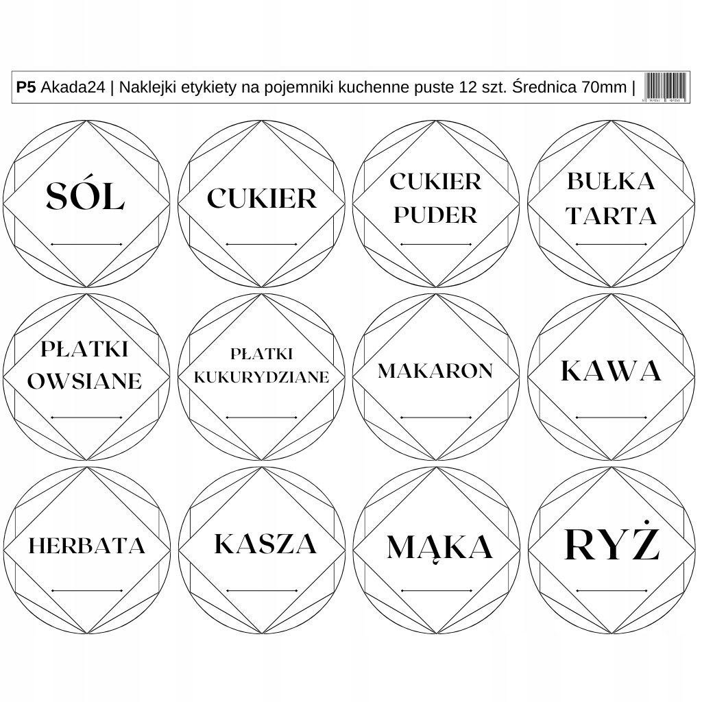 Naklejki etykiety na pojemnik plastikowy kuchenny PET 12 szt ( P5 - P10 )