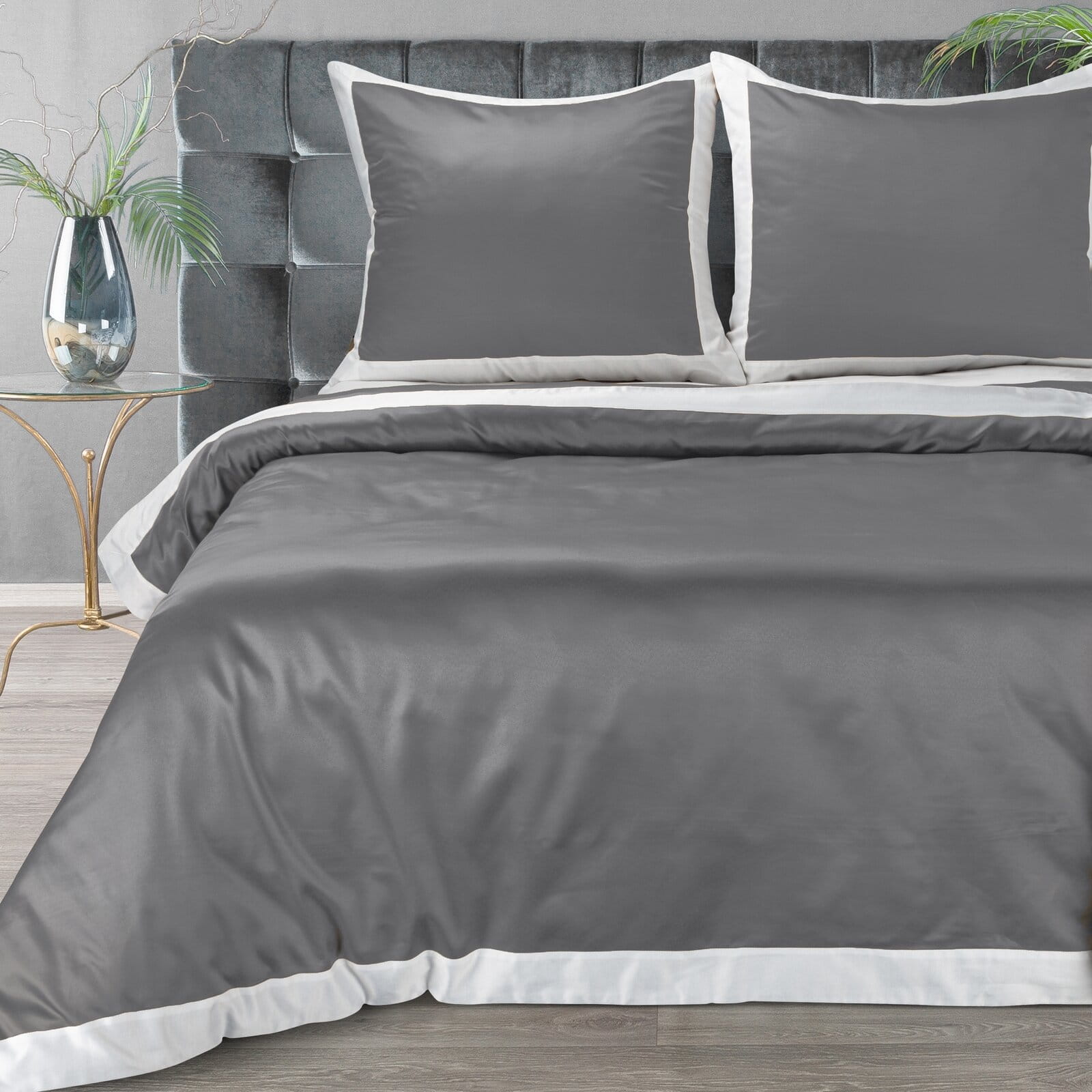 Stalowa pościel 160x200 satynowa Laura z białą kantą Eurofirany