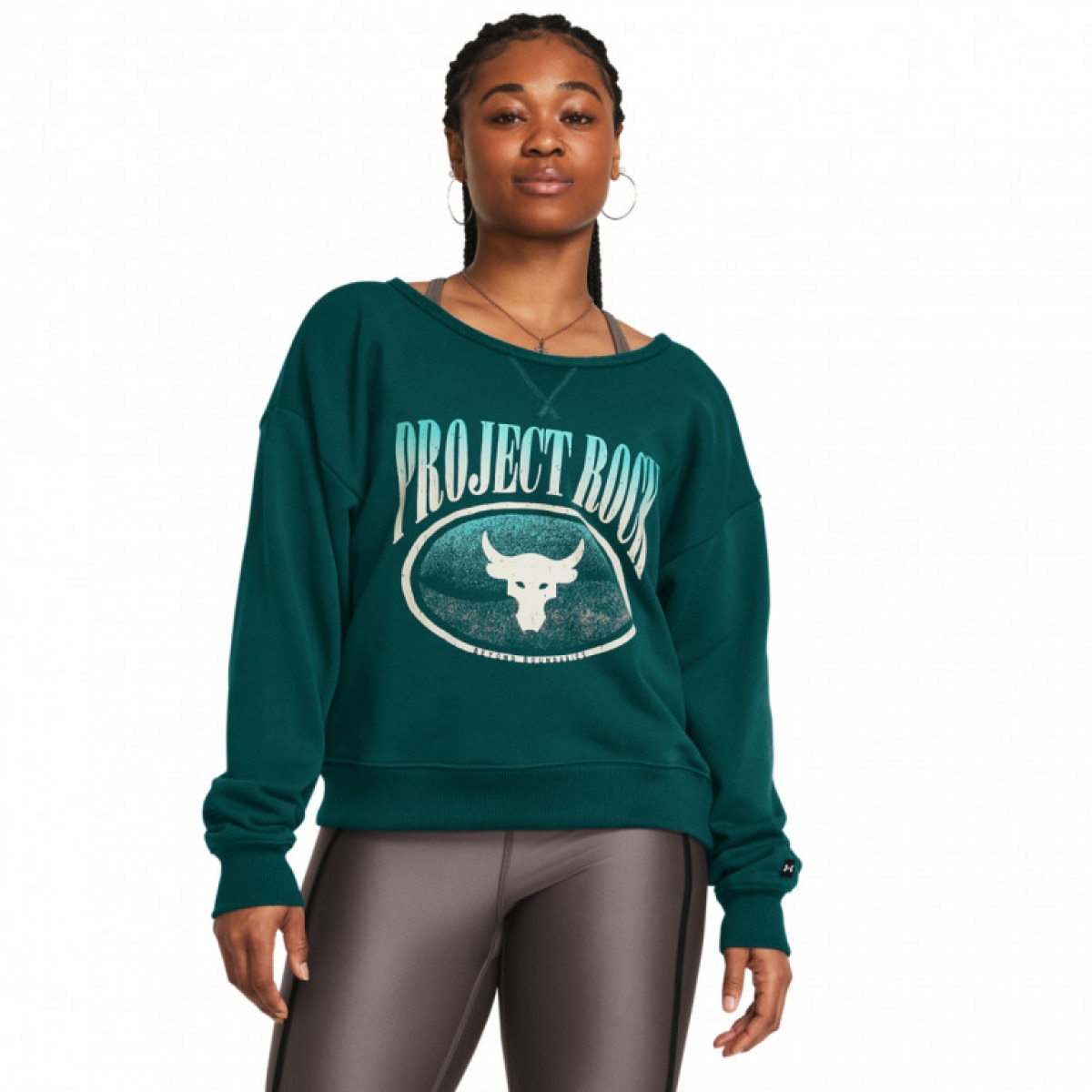 Damska bluza treningowa nierozpinana bez kaptura Under Armour Project Rock HW Terry LS Q1 - zielona - UNDER ARMOUR