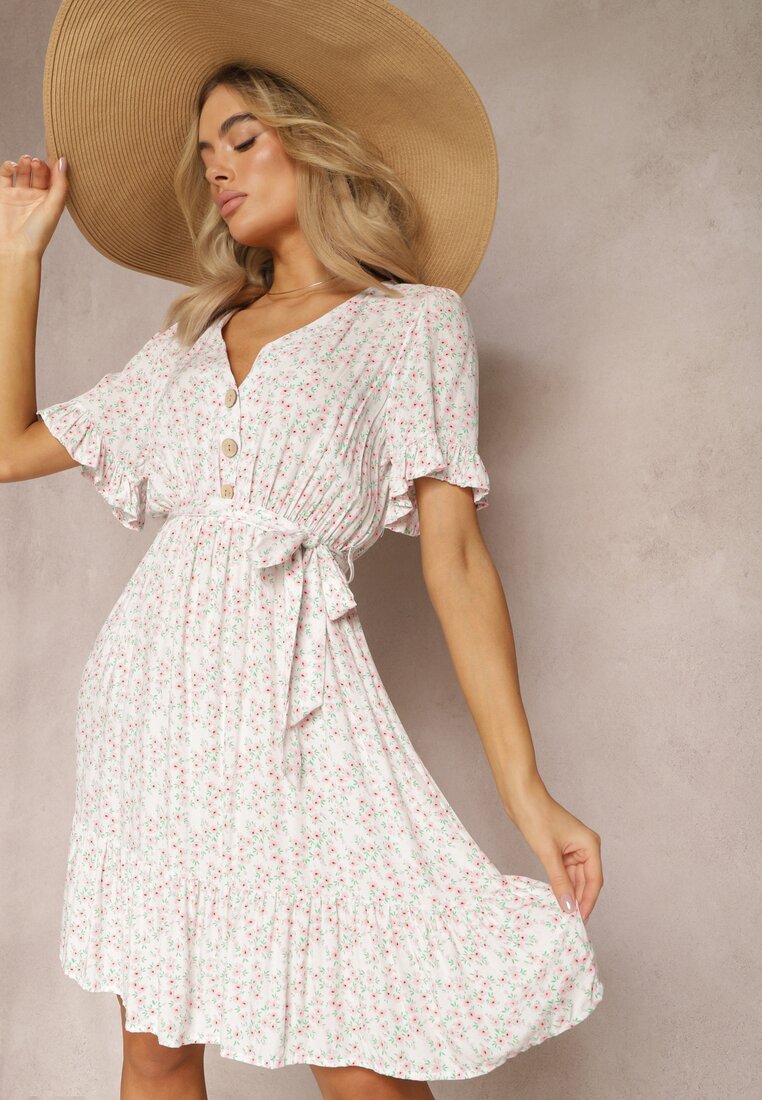 Biała Rozkloszowana Sukienka Wiskozowa Mini w Kwiatowy Print z Falbanką Taelle