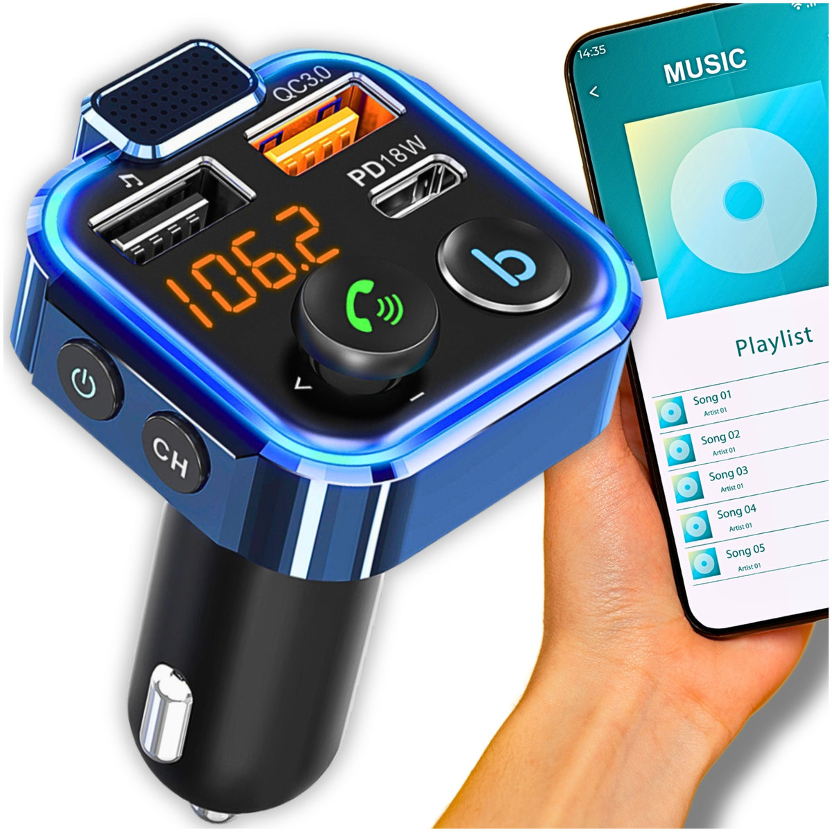 TRANSMITER ODTWARZACZ FM BLUETOOTH Z MIKROFONEM SZYBKA ŁADOWARKA QC USB