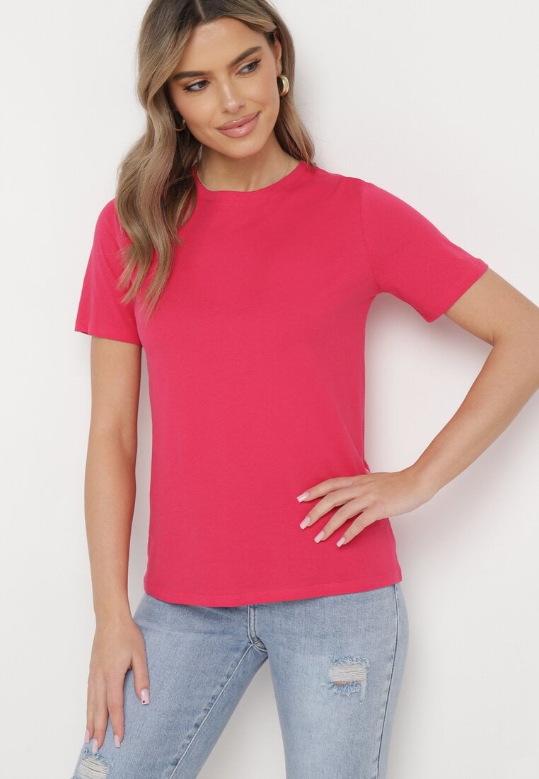 Różowy Bawełniany T-shirt o Klasycznym Fasonie Hebea