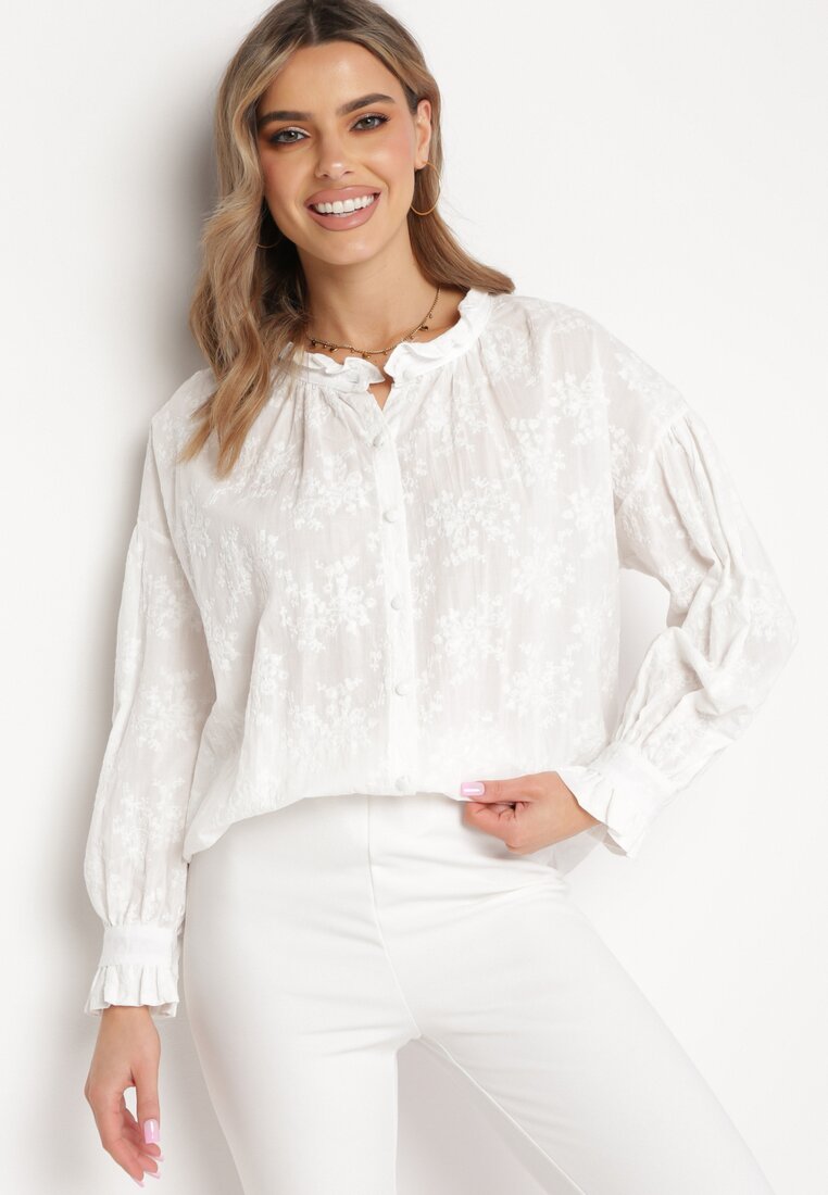 Biała Bawełniana Koszula z Haftowanym Wzorem Nerxa